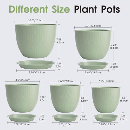 GARDIFE 5-Pack Plastic Plant Pots 7-10in with Drainage & Saucers, Green - color: Green