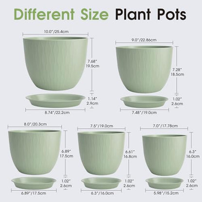 GARDIFE 5-Pack Plastic Plant Pots 7-10in with Drainage & Saucers, Green - color: Green