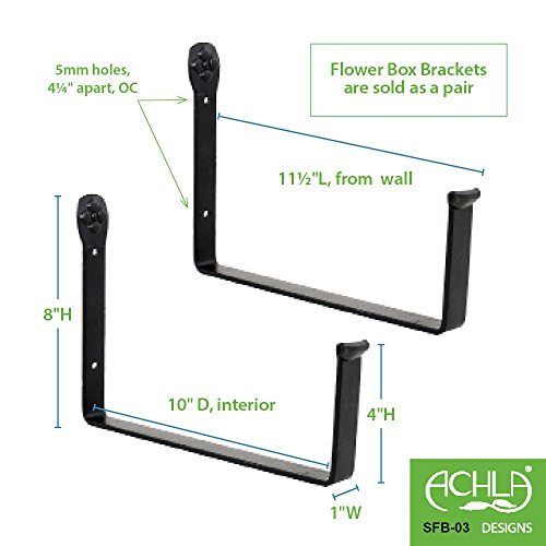 Achla Designs SFB-03 Wall-Mount, 10 inch Flower Window Box Planter Brackets, 10-inch, Black - size: 10-inch