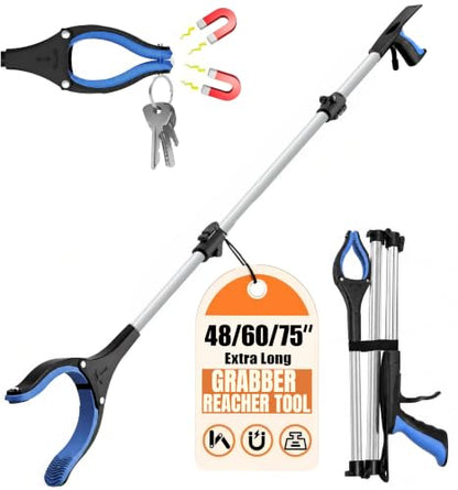 75In Extra Long Grabber Reacher Tool, LEGENDONE Senior Foldable Pickup Tool - color: 75"silver&blue