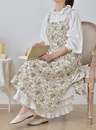 Japanese Cotton Cross Back Pinafore Apron Dress for Women,Pinafore Apron - color: White