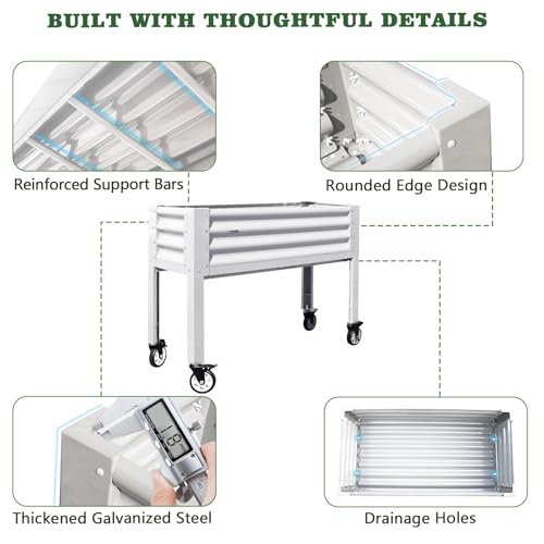 Anleolife Rolling Elevated Raised Garden Bed with Wheels, Antique White - color: Antique White, size: 48x18x35 in