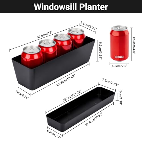 GREANER Black Rectangle Window Boxes, 3 Pack 12x3.8 Inch Herb Planters with Tray, Indoor Succulent Cactus Mint Plastic Pot for Windowsill, Garden Balcony, Office Outdoor Decoration - size: 3Packs/12x3.8in-black