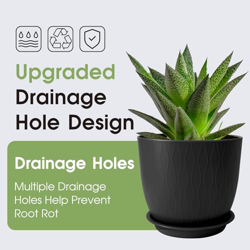 GARDIFE 5-Pack Plastic Plant Pots 7-10in with Drainage & Saucers, Black - color: Black
