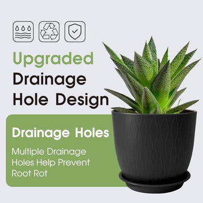 GARDIFE 5-Pack Plastic Plant Pots 7-10in with Drainage & Saucers, Black - color: Black
