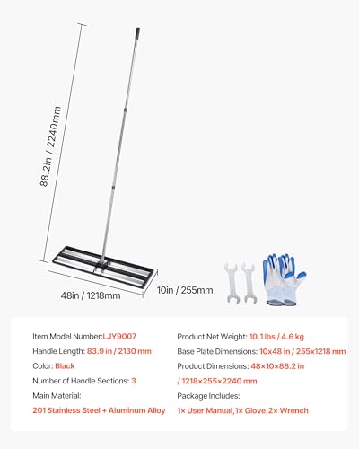 VEVOR Updated Lawn Leveling Rake with Roller, 48'' x 10" Stainless Steel Lawn Leveler with 83.9'' Adjustable Handle, Heavy Duty Yard Leveling Rake, Effort Saving Lawn Leveling Tool for Yard Golf Court - size: 48x10x84in (with Roller)