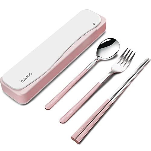 DEVICO Travel Utensils with Case, 4Pcs Portable Silverware Set for Work, 18/8 Stainless Steel Reusable Cutlery, Korean Spoon and Chopsticks Fork for Camping, School, Lunch Box Accessories (Pink) - color: Pink