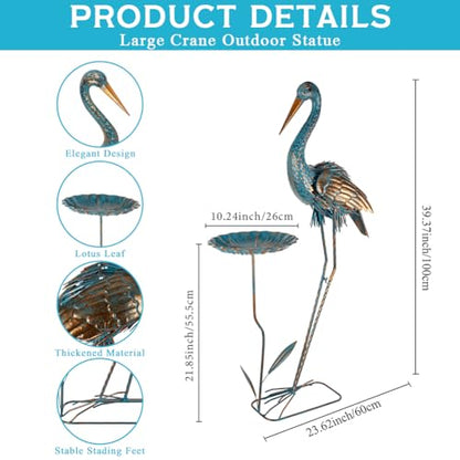 Metal Crane Garden Statue for Outside with Leaf Tray - color: Gold & Blue-crane