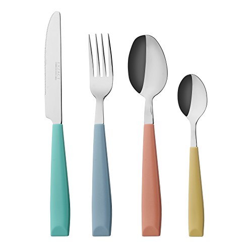 EXZACT 24-Piece Flatware Set for 6 – Mixed Colored Stainless Steel Cutlery with Wide Plastic Handles – Comfortable Tableware: Forks, Knives, Spoons, Teaspoons - color: Mix Colors x 16