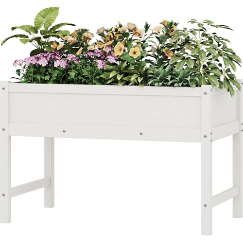 Weatherproof Raised Garden Bed, HDPE Outdoor Elevated Planter Box with Legs, Garden Box, Flower Beds for Patio, Deck, Balcony (White) - color: White, size: 39x21x25in