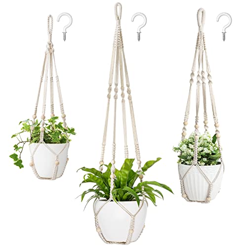 Mkono 3 Pack Macrame Plant Hangers Hanging Planters for Indoor Plants Ivory - color: Ivory, size: Large