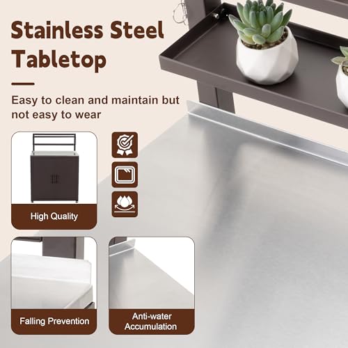 Feasto Outdoor Potting Bench with Storage Cabinet Stainless Steel Tabletop - color: Brown