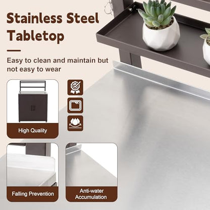 Feasto Outdoor Potting Bench with Storage Cabinet Stainless Steel Tabletop - color: Brown