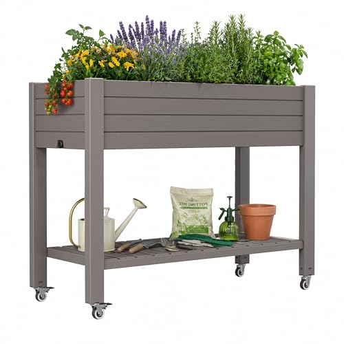 33.7" Tall Raised Garden Bed with Wheels, Divisible Plastic Planter Box with Drainage Gauge & Storage Shelf, Herb Garden Planter for Garden Patio Backyard, Gray (33.7" h) - color: Gray, size: 33.7"h