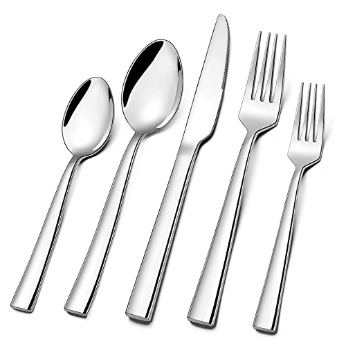 Silverware Set for 4, 20-Piece Stainless Steel Flatware Cutlery Set, Square Edge Kitchen Utensil Include Knives/Forks/Spoons, Tableware for Home/Hotel, Mirror Polished Dishwasher Safe - color: 20 PCS Silver