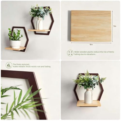 2 Pack Hexagon Wall Plant Stands, 9 Inch Wood Shelf Coffee - color: 2 pack coffee