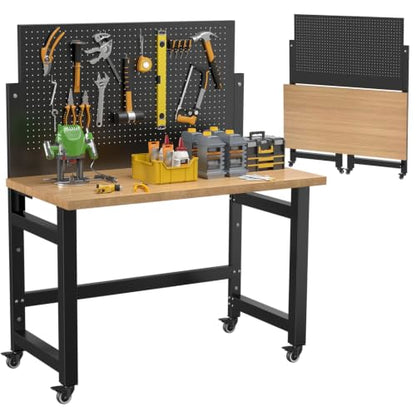 Mobile Folding Workbench, Pegboard & Wood Top Work Table, 1 Pack - size: 59"H x 47.2"W x 23.6"D