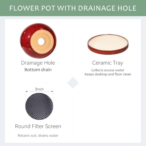 10.3 Inch Ceramic Glaze Plant Pot with Saucer, Flower Pots with Drainage Hole Mesh Net (Spot Red) - color: Spot Red