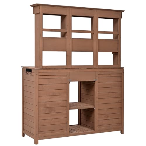 Merax 65.7" Tall Garden Potting Bench with Hutch, 3 Shelves, 6 Drawers, 2 Cabinets & Hooks - color: Brown