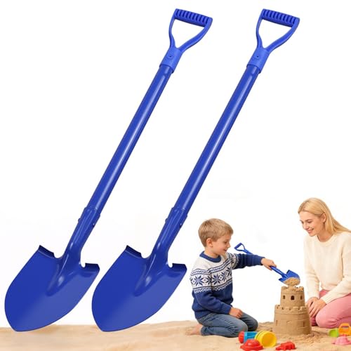 2 Pack Metal Beach Sand Shovels for Kids, 27 Inch Heavy Duty Small Shovels for Digging, Camping, Gardening, Planting, Mini Spade with D-Grip Handle, Blue