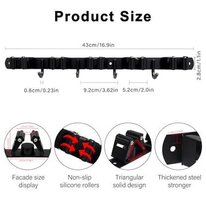 SUS304 5 Racks and 4 Hooks Mop and Broom Holder Wall Mount - color: 5 Racks & 4 Hooks (Black) - 1 Pack