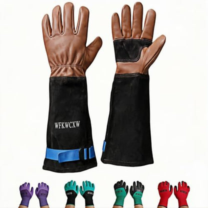 Cow Leather Adjustable Thorn Proof Gardening Gloves - color: Black-brown, size: Medium