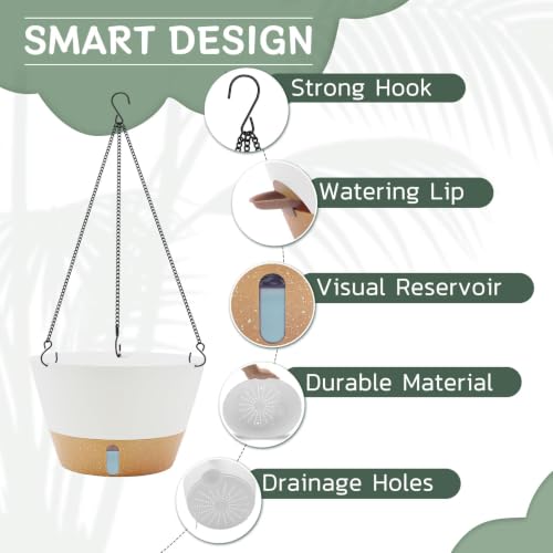 ZMTECH Large 12Inch Self Watering Hanging Planter, Water Window & Chain - color: White