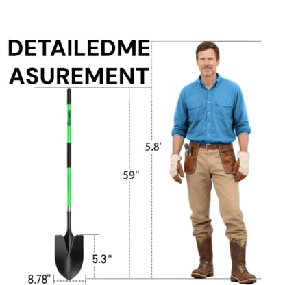 56 Inch Heavy Duty Round Point Digging Shovel with Green Fiberglass Handle