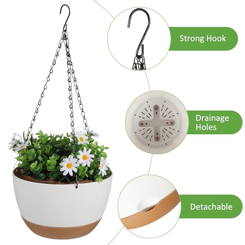2 Pack Self Watering Hanging Planters: 9.7 Inch Pots with Chain Tray, White - color: White
