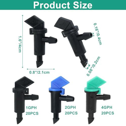 Drip Emitter, 60 Pieces, 3 Sizes (1 GPH, 2 GPH, 4 GPH) - size: 1GPH+2GPH+4GPH,60pcs