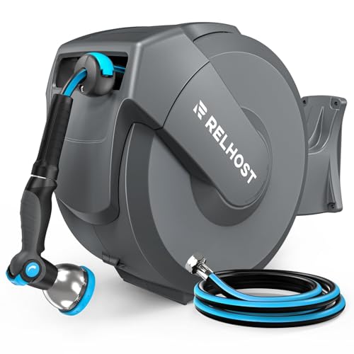 Retractable Garden Hose Reel, 5/8 in x 65 ft Wall Mount Heavy Duty Hose Reel with Any-Length Lock, Auto Rewind System, 180° Swivel Bracket, and 10-Pattern Nozzle for Garden, Dark Grey - color: Dark Grey, size: 65FT