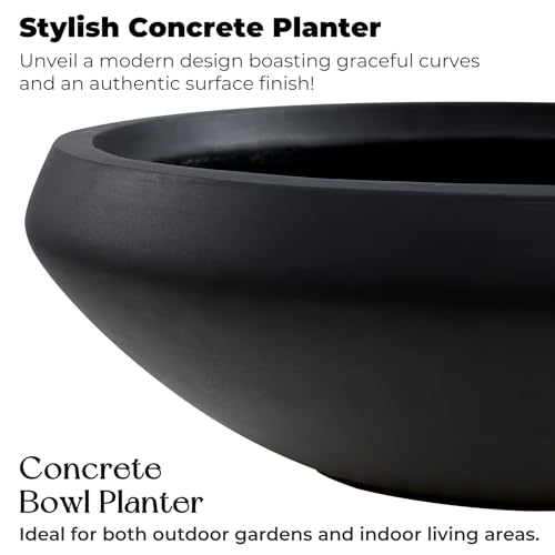 23.3" Dia x 8" H Black Concrete Bowl Planter, Extra Large Succulent Pot - color: Black, size: Large