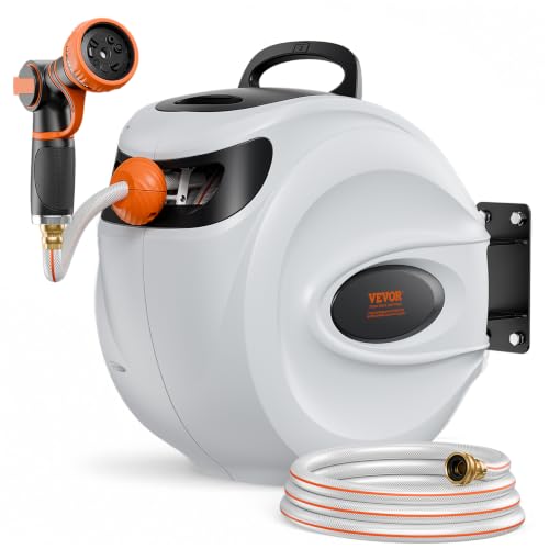 VEVOR Retractable Hose Reel, 100 ft x 1/2 inch, 180° Swivel Bracket Wall-Mounted, Garden Water Hose Reel with 9-Pattern Nozzle, Automatic Rewind, Lock at Any Length, and Slow Return System