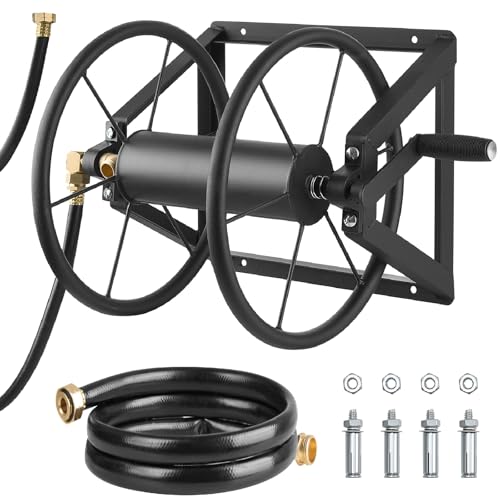 VEVOR Wall Mounted Garden Hose Reel, Holds 200 ft 5/8-inch Manual Water Hose Winder, Heavy-Duty Steel, Outdoor Reel with Brass Fitting & 5ft Leader Hose, Space Saving, for Yard Lawn Garage - color: Black, size: 200ft, 5/8-inch, Wall Mounted