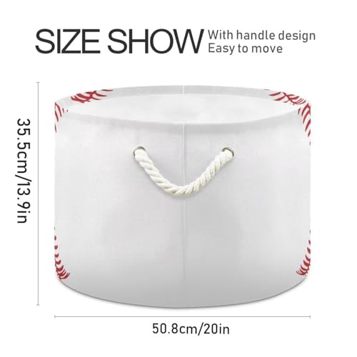 Baseball Print Round Storage Basket Collapsible with Handle - color: White Red