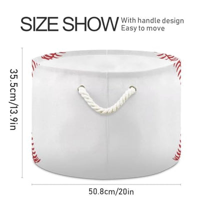 Baseball Print Round Storage Basket Collapsible with Handle - color: White Red