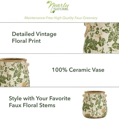Nearly Natural 6.5 in Tuscan Ceramic Green Floral Scroll Decorative Vase