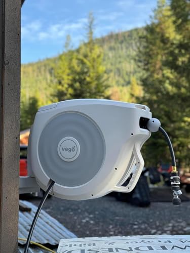 Vego Garden Hose Reel Retractable Hi-Flow Wall Mounted Hose Reel Automatic Rewind, Any Length Lock with 9 Patterns Sprayer Nozzle, Quick Connector and Adjustable shot Nozzle (Cloud White, 82ft) - color: Cloud White, size: 82ft