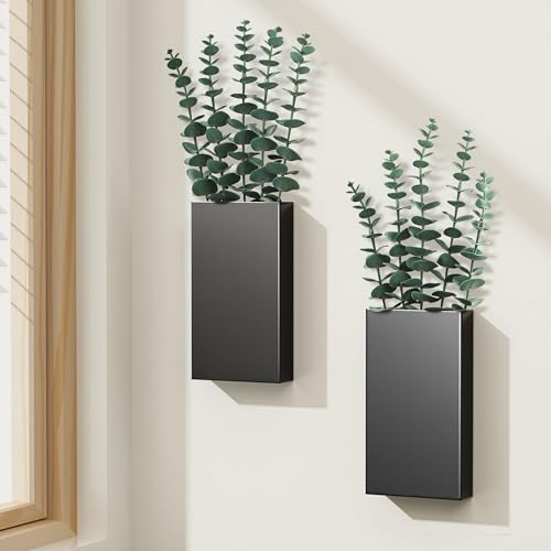 2 Pack Metal Wall Planter Vases Decor with Artificial Eucalyptus, Modern Farmhouse Rustic Hanging Pocket Planters for Indoor Greenery and Flowers, Living Room Bedroom Kitchen Decoration, Black