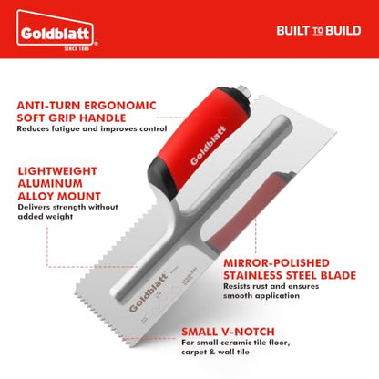 Goldblatt 1/4'' x 3/16'' V-Notch Tile Trowel, 11'' x 4.5'' - size: V 1/4 x 3/16