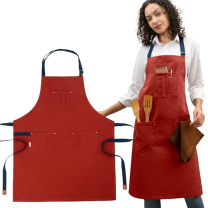 Cotton Canvas Apron for Women & Men – Adjustable Neck Strap & Waist Ties with Pockets - color: Rust