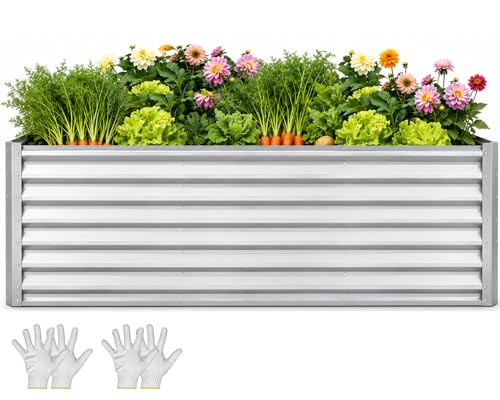 YITAHOME 6x3x3ft Galvanized Raised Garden Bed, Metal Planter Box with Safety Rubber, Gloves, Outdoor Flower Bed for Planting Plants Vegetables, Silver - color: Silver, size: 6x3x3ft