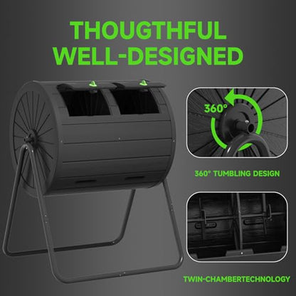 PatioZen Dual Chamber Tumbling Composter 45 Gallon Large Outdoor Tumbling Composter Efficient Batch Composting Easy Turn Design