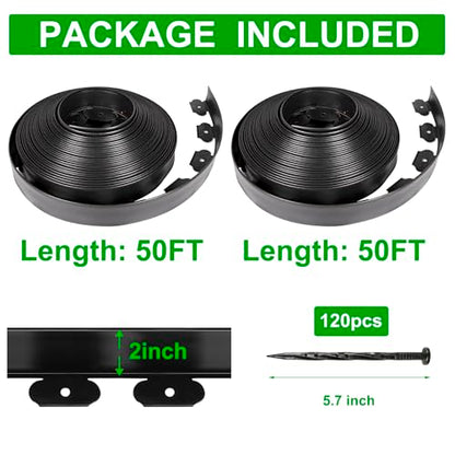JERIA 2 Inch Tall 100 FT Garden Edging Kit with 120pcs Spikes, Plastic Edging for Landscaping - size: 2IN x 100FT