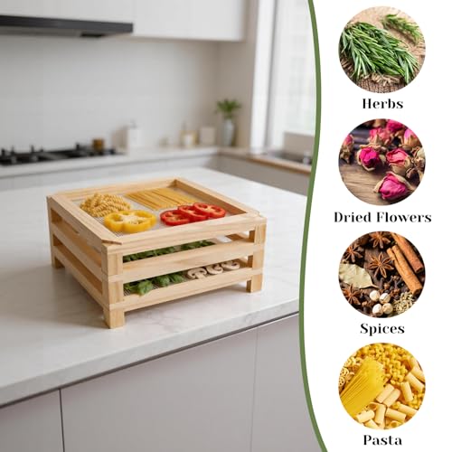 11.8in Square Wooden Herb Drying Rack, Stackable Mesh Countertop Dryer - size: 3-Layer | 11.8" x 5.2" x 11.8"