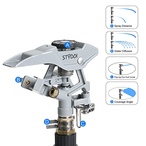 STYDDI T-Post Fence Sprinkler, Metal Impact Sprinkler Head on Fence T-Post Base with Flow Through, Irrigation Zinc-Alloy Adjustable T-Post Impulse Sprinkler