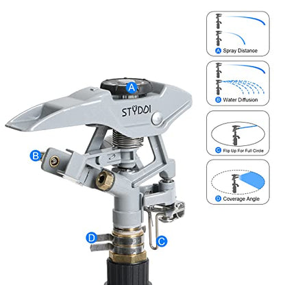 STYDDI T-Post Fence Sprinkler, Metal Impact Sprinkler Head on Fence T-Post Base with Flow Through, Irrigation Zinc-Alloy Adjustable T-Post Impulse Sprinkler