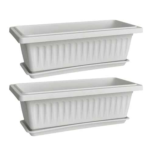 19 Inch Rectangular Plastic Planters, Set of 2, White Window Flower Boxes - color: White
