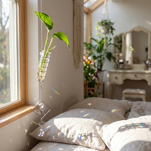 6Pcs Wall Hanging Glass Propagation Station with Crystal Planter Suncatcher - color: Silver-2