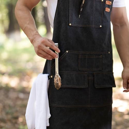 Tosewever Work Aprons for Men with Large Pockets, Canvas Cross Back Heavy Duty Adjustable Tool Aprons for Chef Cooking BBQ - color: Black